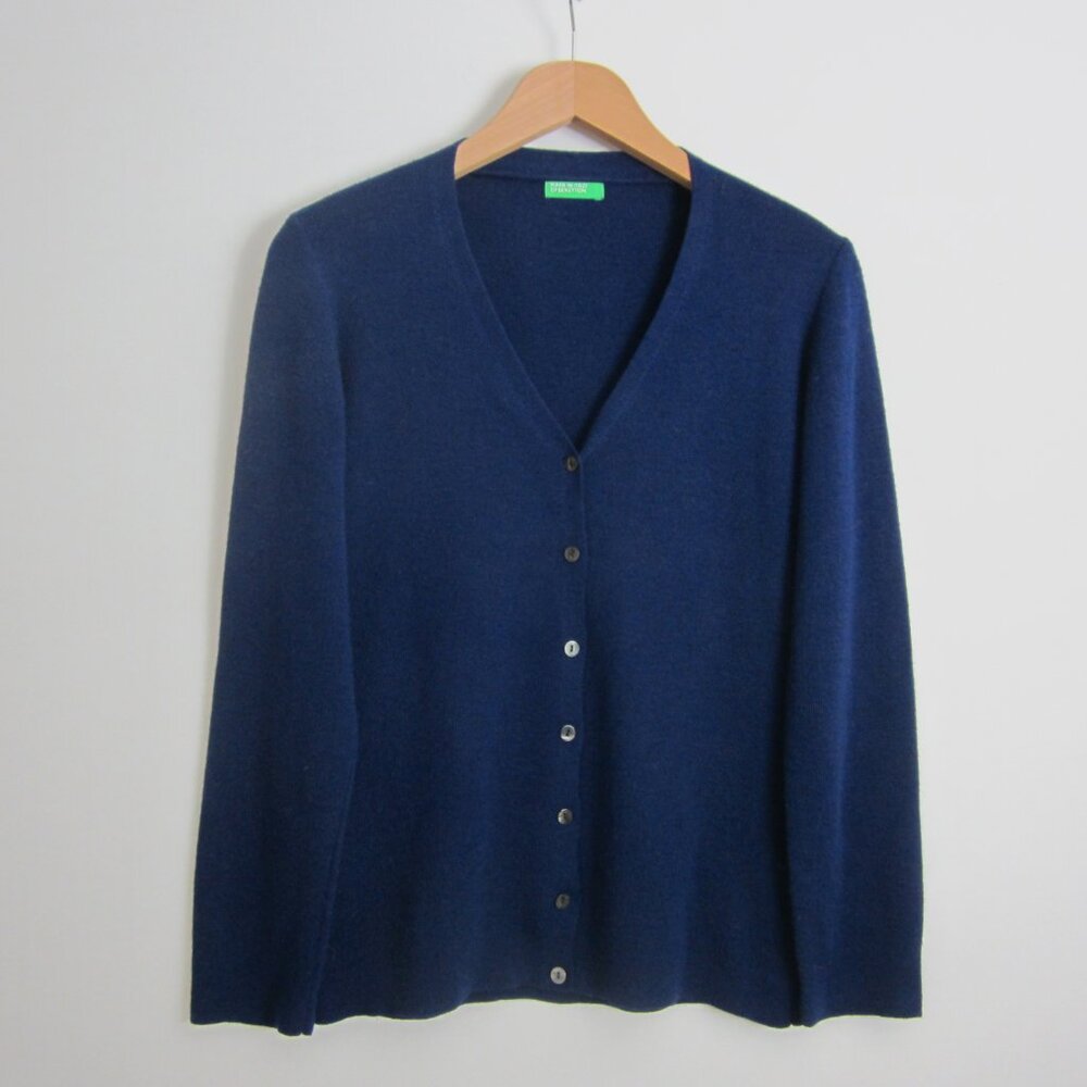 Vtg United Colors of Benetton Womens L Navy Blue LS V Neck Wool Cardigan Sweater